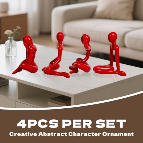 4PCS Thinker Style Abstract red Statue, Modern Simple ABS Abstract Sculpture Decor, for Home Living Room, Restaurant, Office, Bookshelf Decoration, Gifts - color: Red