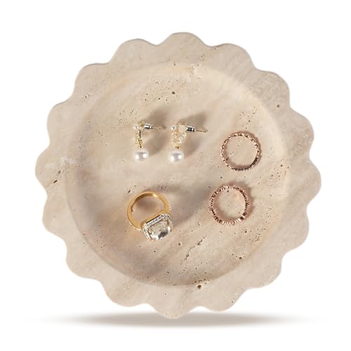 Koville 5.51" Travertine Tray, Natural Stone Trinket Dish for Ring Perfume, Round Scalloped Decorative Tray for Bathroom Vanity Dresser Countertop, Home Table Decor - color: Beige Travertine, size: D=5.51"