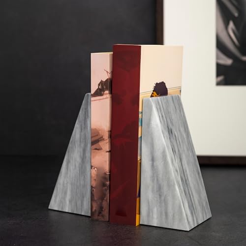 Bey-Berk Harold Carrera Marble Bookends (Grey, Set of 2), 4" x 2.5" x 6" Wedge Book Ends, 6.45 lb Solid Stone Desk and Shelf Decor - color: Gray