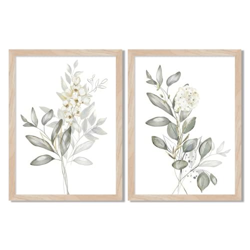 Framed Nature Botanical Wall Art Set of 2, White Floral with Green Eucalyptus Leaves Canvas Prints, Modern Minimalist Flower Painting Picture For Kitchen, Bedroom, Dining Room,Bathroom Decor, 16x20IN - color: White Floral Framed, size: 20"L x 16"W