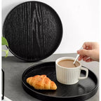 Round Wood Serving Tray, Solid Wooden Decorative Tray Non-Slip Tea Coffee Table Tray Snack Plate Food Meals Serving Tray with Raised Edges for Home Decor Kitchen Restaurant (9.5inch, Black) - size: 9.5"