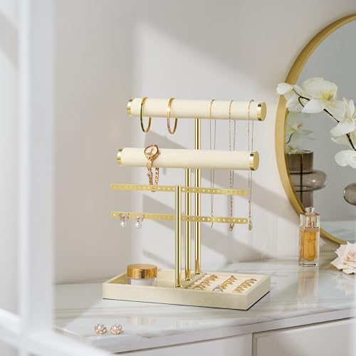 bussdis 3 Tier Bracelet Holder Display - Detachable T Bar Beige Velvet Bracelet Holder, Jewelry Holder Organizer for Bracelet, Necklace, Earrings, Rings - color: Beige, size: Large