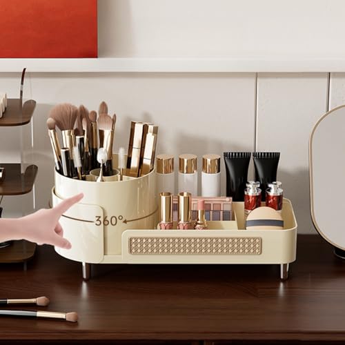 Booklov Rotating Makeup Caddy Organizer for Vanity, Large Capacity Cosmetic Display Case, Countertop Beauty Storage Holder for Skincare, Brush Eyeliner Lipstick, Counter Table Organization, Cream - color: Cream, size: L02