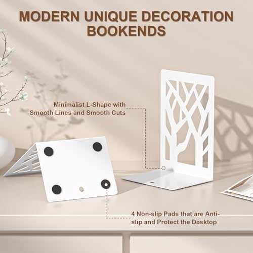 VFINE Withe Bookend 2-Piece, Tree Design Bookends for Shelves, Metal Book Ends for Desk, Decoration Stylish Bookshelf Bookends for Home Office School Supplies - style: White bookend 1 pair
