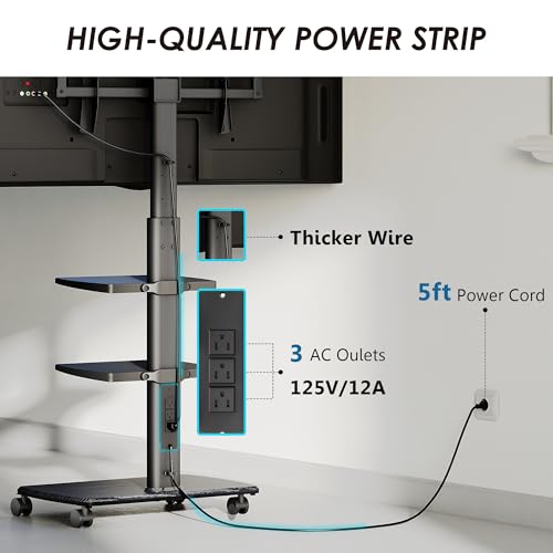 FITUEYES Rolling TV Stand with Power Outlets, Swivel Portable TV Stand for 32-70 Inch LCD LED OLED Flat/Curved Panel Screen TVs, Height Adjustable&Wood Base, Mobile TV Cart with 2 Shelves, Black - color: Black, style: With Wheels & Power Strip