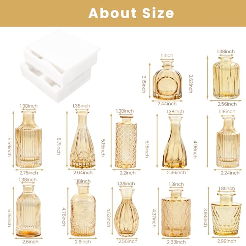 TBWIND Gold Amber Glass Bud Vases Set of 12, Small Vases for Flowers, Champagne Mini Vintage Vases for Centerpieces,Bud Vase in Bulk for Wedding Decor,Single Flowers,Office and Home Table Flower Décor - color: 12pcs-gold Amber