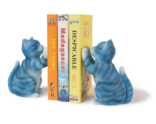 Cute Cat Bookends for Shelves, Heavy Duty Bookends, Decorative Bookends for Kids Books, Non-Skid Design, Blue Cat Statue Enthusiasts Gifts - color: Blue