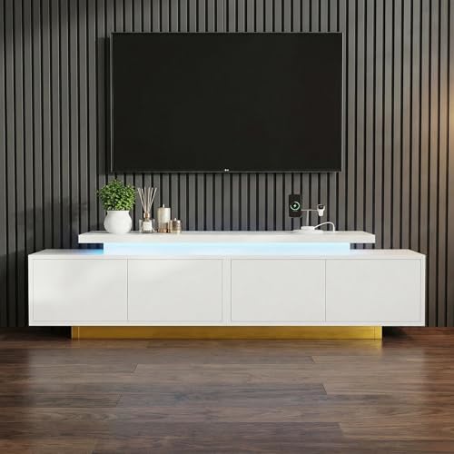 LIKIMIO Extendable TV Stand for 65-90 Inches TVs, Adjustable Length 63''-94.5'', Modern White Entertainment Center with Storage Cabinets, Charging Station & LED Lights, Media Console for Living Room