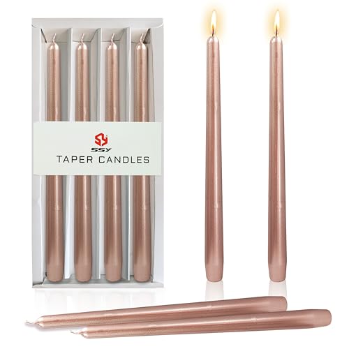 10 Inch Metal Taper Candles Handmade Set of 4 – Unscented Tapered Candles in Champagne, Candlesticks Smokeless Candle Sticks for Wedding, Home Decor, and Dinner Parties - color: Gold Pink