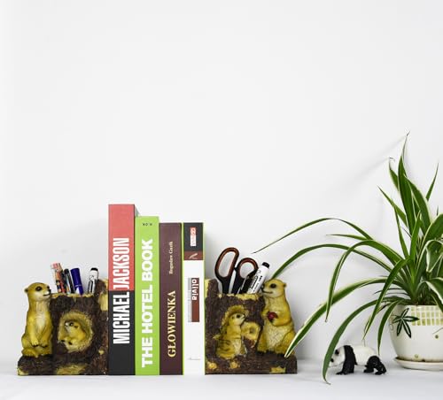 Owlgift Meerkat Bookends, Pair Decorative Pencil Holders for Shelves or Bookcase, Non-Skid Heavy Bookends, Home Décor Gift, Anti-Slip Base Book Stopper - color: Meerkat
