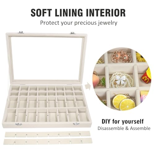 Vicoter Velvet Jewelry Tray 48 Compartments Jewelry Display Organizer with Transparent Cover Rings, Earrings, Necklaces, Pendants Storage Box for Girls, Wives, Mothers, Women - color: Beige, size: 48 Grid