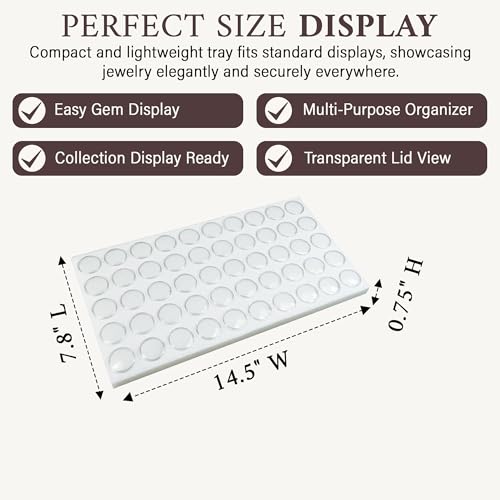 RJ Displays 50 Gem Display Case Diamond Gemstone Storage Box – White Tray Foam Sheet (14.5" x 7.8" x 0.75") –Small Round Plastic Containers Box Jewelry Organizer Container, White Foam Storage Jar - color: White