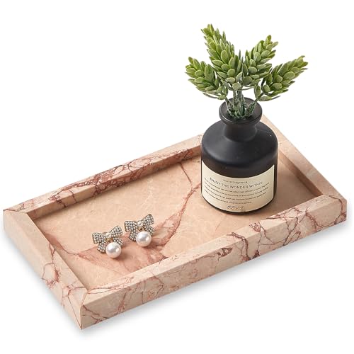 Natural Small Marble Vanity Tray, Luxury Stone Organizer for Bathroom & Kitchen | Holds Soap Dispenser, Jewelry, Perfume | Non-Resin, Non-Ceramic Décor - color: Pink, size: 7.9" x 4.3" x 0.8"