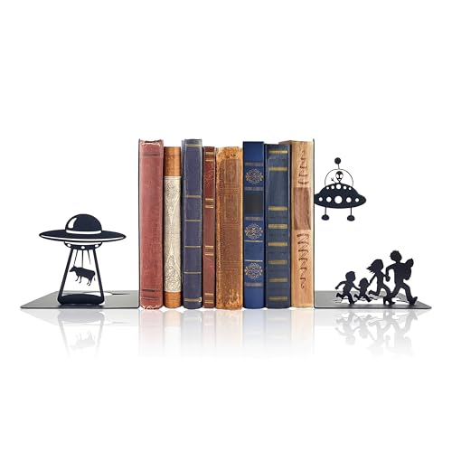 Alien Decor UFO Decor - Unique Bookends for Kids and Adults - Decorative Bookends for Shelves - Black Modern Bookends for Avid Readers - Fun Stylish Alien Gifts