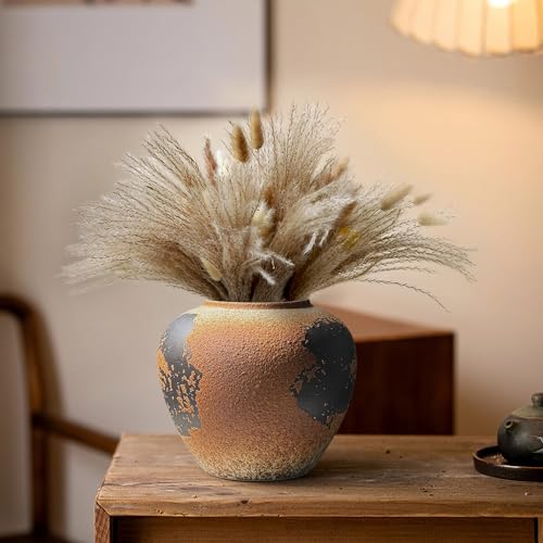 GeLive Round Ceramic Vase Brown Rustic Textured Moon Jar Table Centerpiece Pottery Vase Decorative Planter Pot Flower Container for Fresh Dried Plants Home Decor Kitchen Utensil Holder - color: Brown