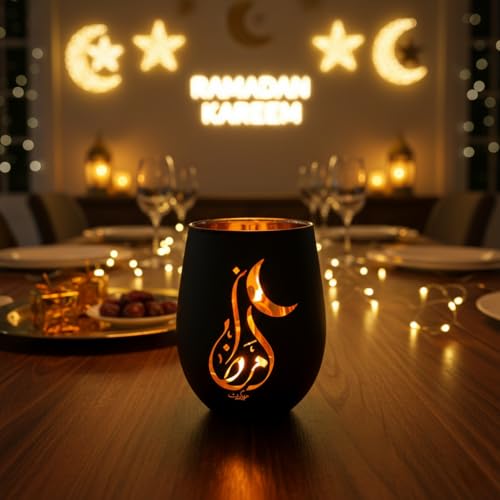 Black and Gold Ramadan Decorations for Home, Artistic Calligraphy Glass Tealight Candle Holder, 4.72" Eid Mubarak Table Decor, Luxury Islamic Votive Gift for Ramadan Kareem, Iftar Centerpiece