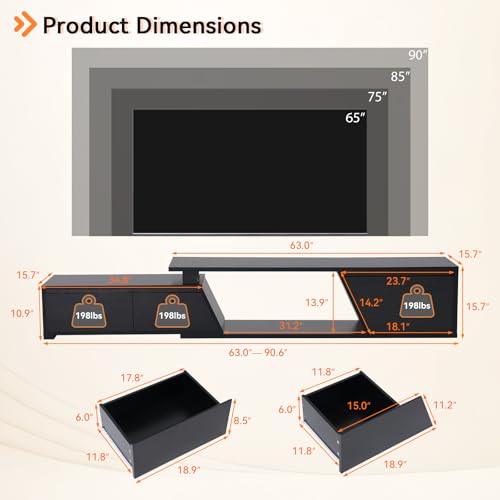 Verano Garden Extendable TV Stand with Led Lights, Wood TV Media Console with 2 Drawers & 1 Cabinet, Modern Entertainment Center Up to 90 Inch TV for Living Room Bedroom, 63" - 90.6" (Black) - color: Black