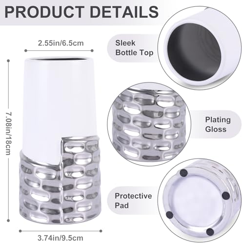 LCCCK 7.0" Silver Hammered Vase Home Decor, Elegant Ceramic White and Silver Flower Vase for Pampas Grass Decorative, Boho Small Cylinder Vases Centerpiece, Dining Table Living Room Jarrones Art - color: White and Silver