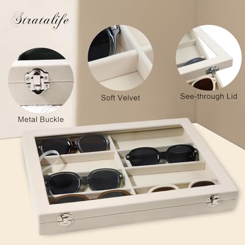 Stratalife Sunglasses Organizer Sunglass Display Tray Jewelry Tray with Lid Sunglasses Storage Case Drawer Watch Box for Men and Women Beige (8 Grids) - color: Beige, size: 8 Grid