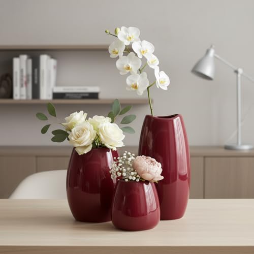 hjn Ceramic Vase Set of 3 Red Flower Vase for Home Decor, Modern Decorative Vase for Flowers Vases for Your Ideal Shelf Decor/Table/Living Room/Kitchen/Office-Red… - color: Red