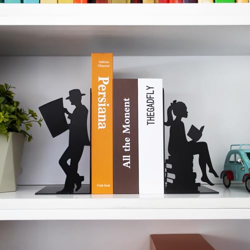 8 inch Lovers Bookends Book Ends for Shelves Decorative,Metal Book End Nonskid Book Holder Book Stopper Home Valentines Decor for Movies/CD/Video Games Valentines Decorations Gift(Set of 2) - color: Black
