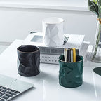 Ceramic Irregular Round Pen Holder For Desk Cute Stand Gold Line Aesthetic Pencil Cup Pot Desk Organizer for Men Women Makeup Brush Holder (Black) - color: Black
