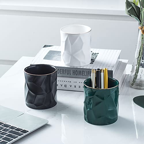 Ceramic Irregular Round Pen Holder For Desk Cute Stand Gold Line Aesthetic Pencil Cup Pot Desk Organizer for Men Women Makeup Brush Holder (Black) - color: Black