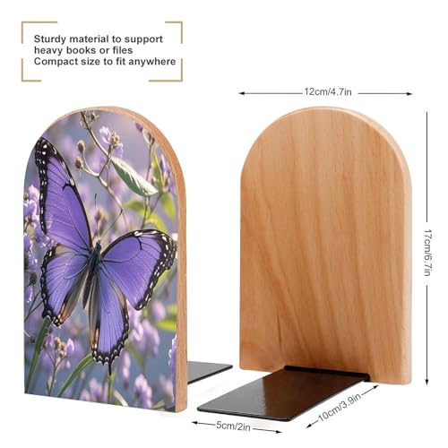 Beautiful Purple Butterfly Art Bookend for Shelves,Muso Wood Book End,Non-Skid Book Holder Support for CD, Video File, Video Games,Decorative Books Stopper for Home, 6.7 X 3.9 X 4.7”