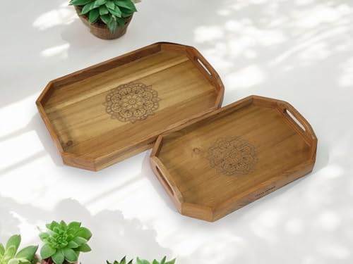 Vesta Homes Set of 2 Zak Acacia Wood Rectangular Serving Tray for Home/Kitchen/Restaurant/Office Organizer/Dining Table|Premium Wooden Trays|48 X 33 ; 40 x 27 cm | Handcrafted in India - size: Set of 2 Trays: 18.9" x 13", 15.7" x 10.6"