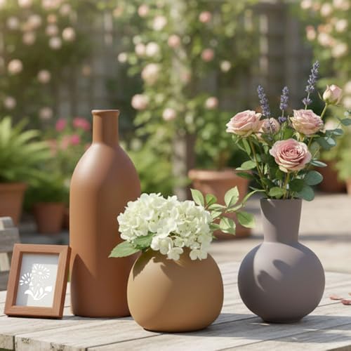 Ceramic Vase Set of 3 - Small Modern Minimalist Ceramic Bud Vases for Home Decor - Boho Aesthetic Flower Vases for Desk, Shelf & Table, Mantle, Bookshelf (Cute & Versatile) (Brown Mix) - color: Brown Mix