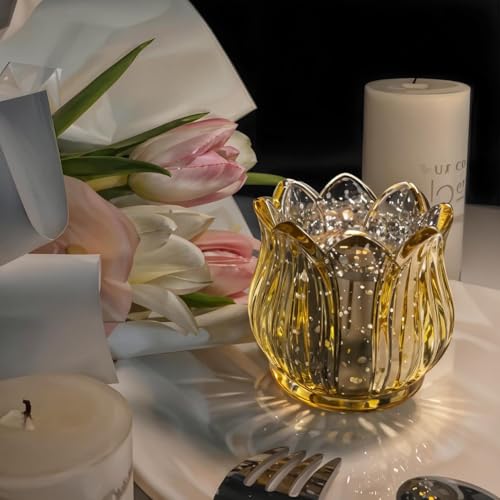 Tulip Votive Candle Holders Set of 6, Tea Light Candle Holder Glass for Table Centerpiece, Tealight Candle Holders for Wedding Déco, Birthday, Anniversary, Parties, and Holiday (Glod) - color: Glod - Set of 6