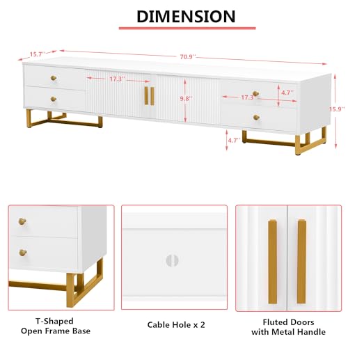 Modern TV Stand with Drawers for TVs up to 75'', Media Console Storage Cabinet Entertainment Center Furniture for Living Room Bedroom, Gold Metal Legs, 70.9-Inch, White - color: White
