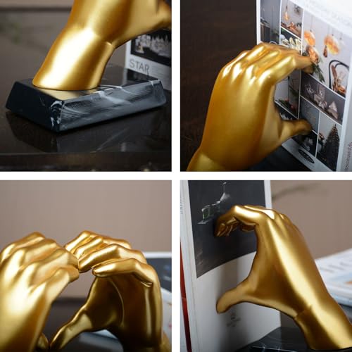 HAUCOZE Decorative Book Ends Heart Hand Statue Sculpture Modern Home Decor Table Centerpiece Gift for Office Bookshelf Gold 12.2 Inch - color: Gold