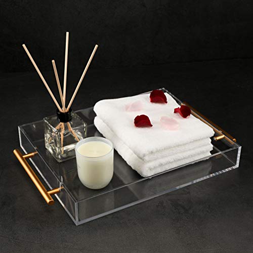 Clear Acrylic Lucite Serving Tray with Metal Handles,No Need to Assemble,11x14 Inch,Decorative Storage Organizer with Spill-Proof Design,Serving for Coffee,Breakfast,Dinner and More - color: Clear, size: 14" x 11" x 2"