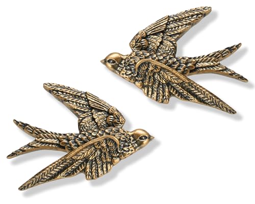 AMOIENSIS Bird Wall Sculpture Art, (Set of 2) 4¾ inch Resin Antique Gold Bird 3D Sculpted Floating Hanging Wall Sculpture Decoration - color: Antique Gold