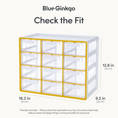 Blue Ginkgo Large 12-Drawer Cabinet – Stackable Clear Organizer for Hardware, Beads, Plastic Bricks, Office, and Craft Storage (Made in Korea, Yellow) - color: YELLOW, size: 12 Drawer