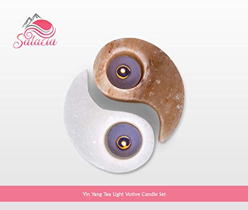 Salacia All Natural Himalayan Salt Rock Pink and White Yin Yang Tea Light Votive Candle Holder Set, Himalayan Salt Yin-Yang Tealight Candle Holder, Home Decor Candle Set