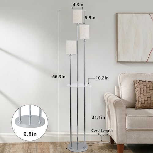 Floor Lamps for Living Room, 3-Lights Modern Floor Lamp with Shelves, Chrome Standing Lamp with Fabric Shade and Foot Switch, Shelf Standing Lamps with Table, Tall Lamps for Bedroom Office - style: Chrome-Fabric Shade