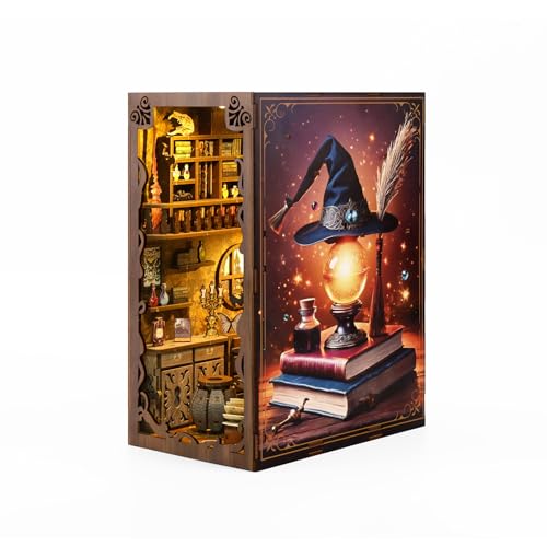 Book Nook Kit - DIY Miniature Dolls House Kit with Furniture and LED Light, 3D Puzzle Wooden Art Bookends, Model Kits for Adults and Teens (Magic Night)