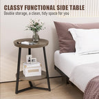 Gadroad Round End Table with Storage Shelf, 2 Tier Farmhouse Side Table Nightstand for Living Room, Bedroom, Wood Tabletop & Black Metal Frame, Walnut Color 15.7 * 15.7 * 23.0inches - color: Walnut, style: No Charging Station