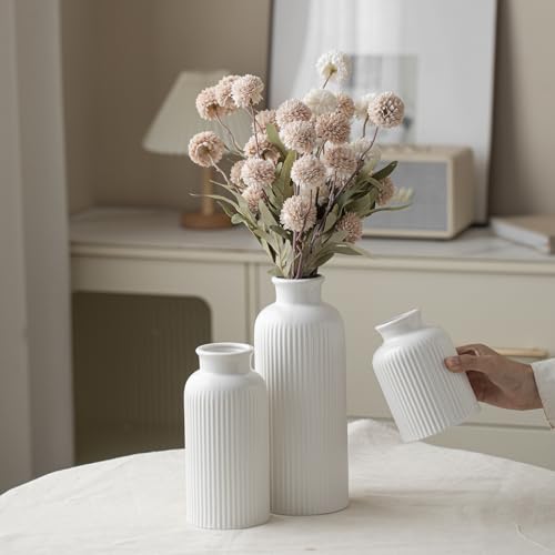 Large Modern Ceramic Vase Set, White Ribbed Matte Design, 10 Inch Tall, 4 Inch Width, 3-Piece Decorative Vases for Home, Living Room, Office (XL Matte Glaze White) - color: XL Matte Glaze White