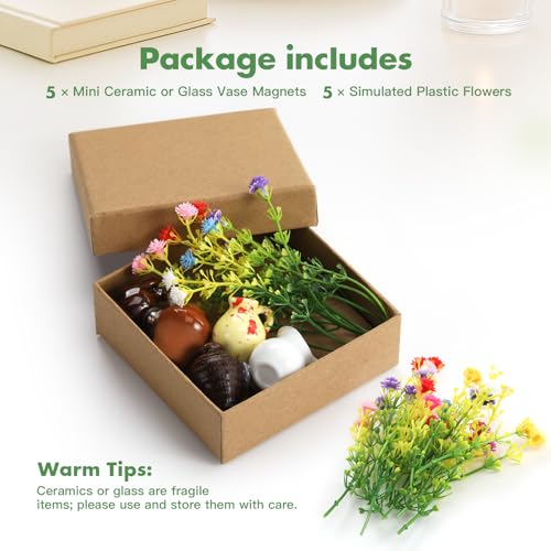 5 Pack Cute Ceramic Vase Fridge Magnets,Cute Fridge Magnets,3D Tiny Plant Vase Refrigerator Magnet for Decoration Kitchen Locker Office with Artificial Flowers - size: Style A-5pcs