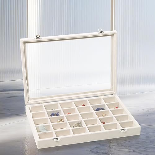 Stratalife Jewelry Organizer Stackable Earring Organizer Tray with Lid Jewelry Storage Tray for Earring Necklace Drawer Display Idea for Mom from Daughter (30 Grids) - color: Beige, size: 30 Grid