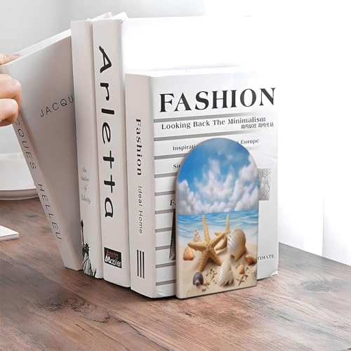 Beach Starfish Seashells Blue Sky L-Shaped Book Ends 1 Pair Wood Bookends Ocean Summer Book End Supports for Heavy Book Shelf Holder Home Decorative - color: Beach Starfish Seashells Blue Sky
