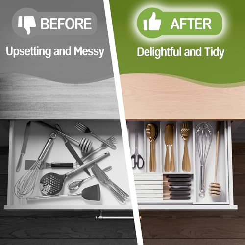 Bamboo Kitchen Silverware Drawer Organizer - Expandable Wood Utensil Holder with Dividers, Luxury Cutlery Storage Tray for Kitchen Utensil and Flatware (5-7 Slots with Removable Knife Block, (White) - color: White