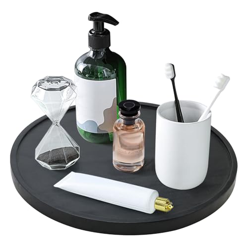 Black Wooden Bathroom Vanity Counter Tray Decor Round Perfume Dresser Trays Kitchen Sink Soap Dish Dispenser Holder Large Wood Lazy Susan Turntable for Table Rotating Bathroom Organizer Accessories - size: 12"