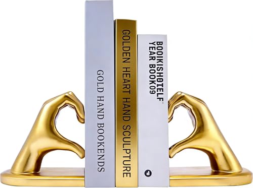 1Pair/2Piece Gold Heart Hands Book Ends, Non-Slip Heavy Duty Bookends for Shelves, Unique Sculptural Book Stopper for Home Bedroom, Living Room & Office Desk Decor