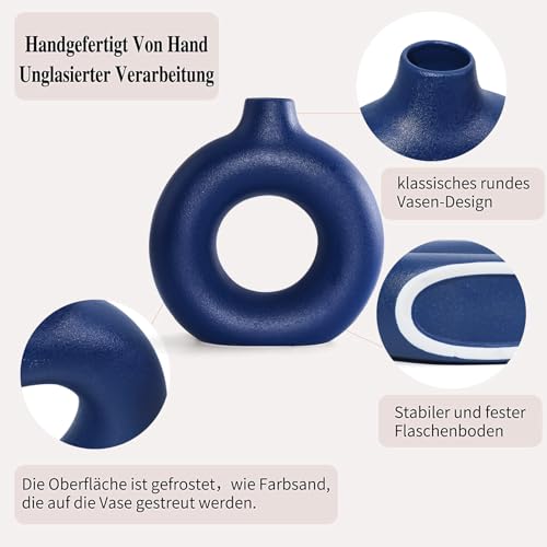 Blue Ceramic Donut Vase Set of 2, Hollow Round Matte Pampas Flower Vases for Boho Home Wedding Party Room Dinner Table Shelf Decor.（Blue） - color: Blue, size: Donut Set of 2