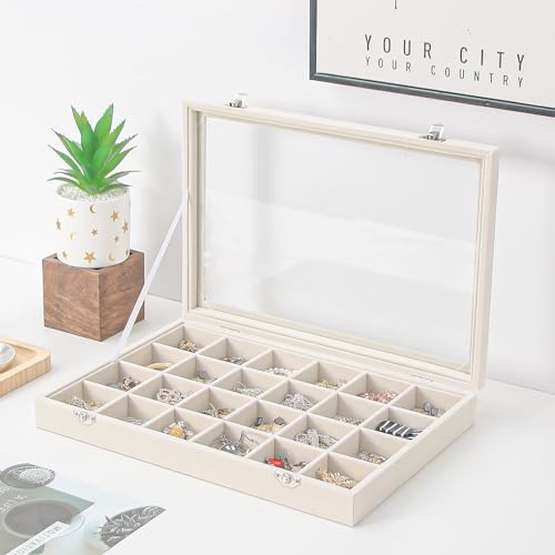 Coward Jewelry Organizer Box, Beige Velvet 24 Grids Ring Earring Jewelry Display Tray Case with Transparent Glass Lid for Home Drawer or Shop Selling - color: Beige Velvet, size: 24Grids Box