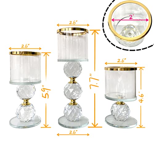 Glass Candle Holders Set of 3,Gold Pillar Candlestick,Crystal Candle Holder for Table Centerpiece Wedding Home Decor